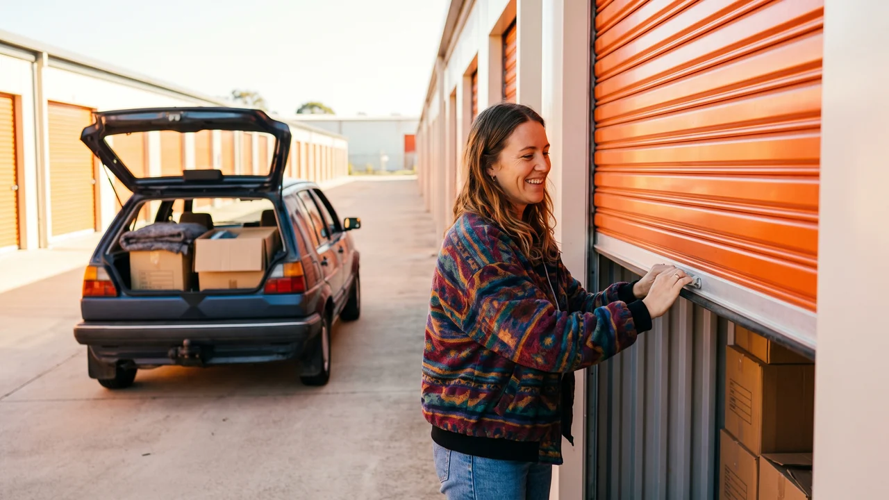 A customer rolling up her storage unit door with her car parked behind, boot open